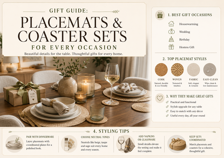 Gift guide showcasing various placemats and coaster sets for every occasion