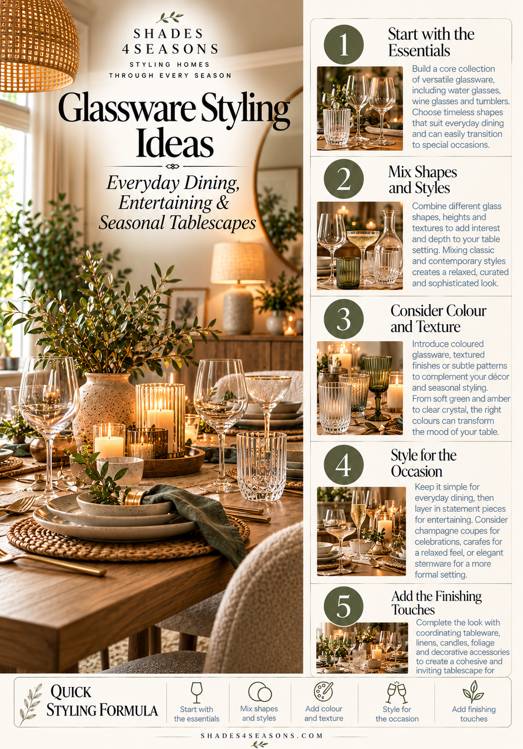 Glassware Styling Ideas for Everyday Dining, Entertaining and Seasonal Tablescapes with tips and inspirations