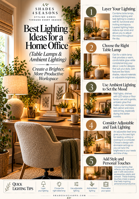 Infographic on Best Lighting Ideas for a Home Office with tips for a brighter workspace