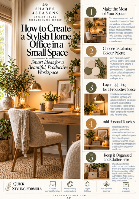 Infographic on creating a stylish home office in a small space with practical tips and design ideas