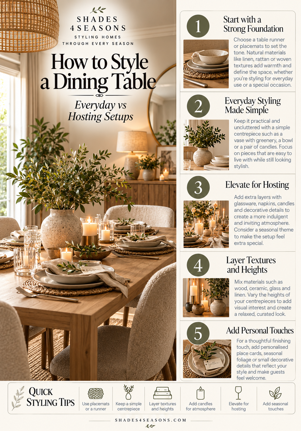 Guide on how to style a dining table with various everyday and hosting setups, tips and inspirations