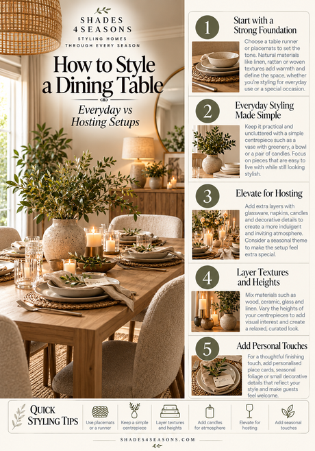 Guide on how to style a dining table with various everyday and hosting setups, tips and inspirations