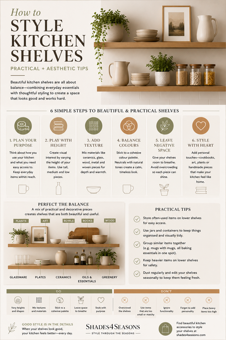 Infographic on how to style kitchen shelves with practical and aesthetic tips for beautiful displays