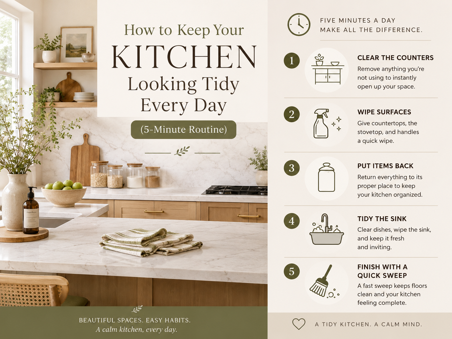 Helpful guide to keep your kitchen looking tidy every day with simple five-minute routine tips