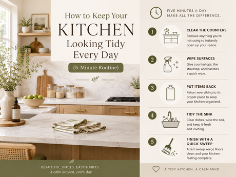 Helpful guide to keep your kitchen looking tidy every day with simple five-minute routine tips