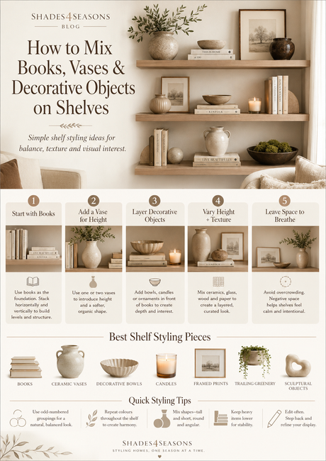 Guide on how to mix books, vases and decorative objects for stylish shelves with visual interest