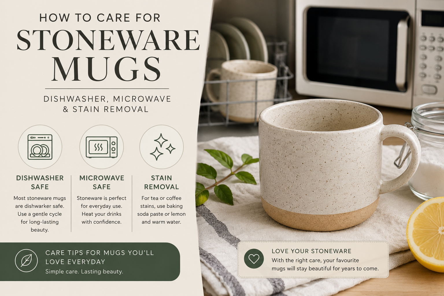 Guide on how to care for stoneware mugs including cleaning and usage tips for longevity