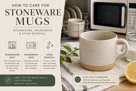Guide on how to care for stoneware mugs including cleaning and usage tips for longevity