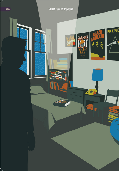 A creatively illustrated bedroom scene highlighting the book 'Paper Doorway' among other vintage posters