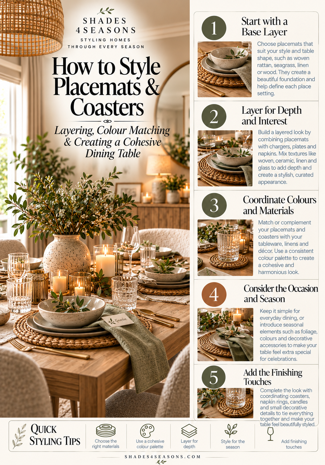 Guide on how to style placemats and coasters for a beautifully layered dining table design