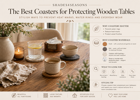 Stylish coasters designed to protect wooden tables from heat marks and wear in everyday use