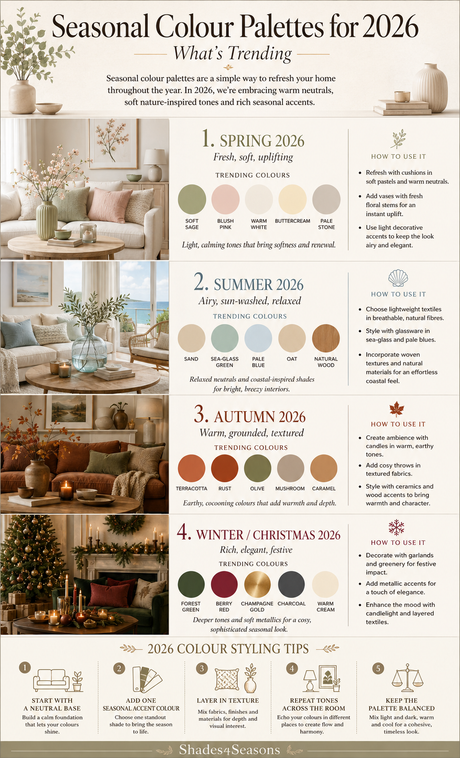 Infographic showcasing Seasonal Colour Palettes for 2026, highlighting trends for each season