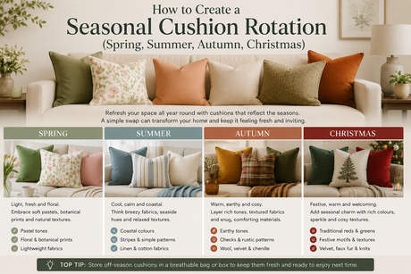Guide for creating a Seasonal Cushion Rotation with seasonal colour palettes for home decor
