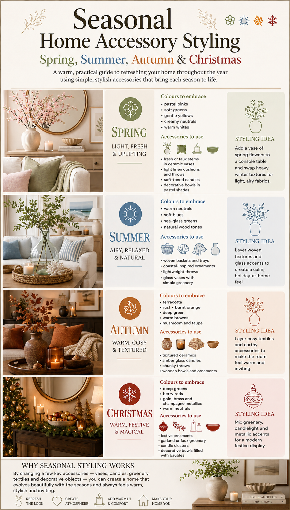 Infographic on Seasonal Home Accessory Styling for Spring, Summer, Autumn and Christmas decor ideas
