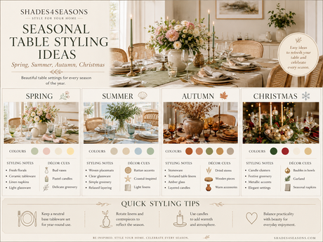 Seasonal Table Styling Ideas for Spring, Summer, Autumn, and Christmas with colour palettes and decor cues
