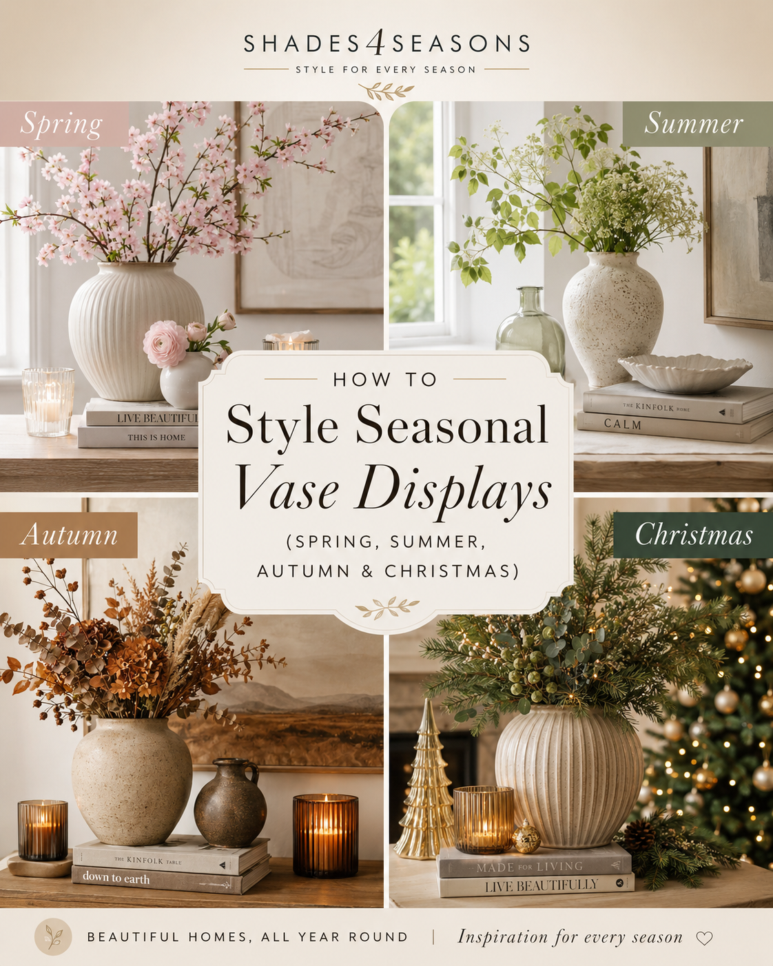 How to style Seasonal Vase Displays for Spring, Summer, Autumn, and Christmas in home decor