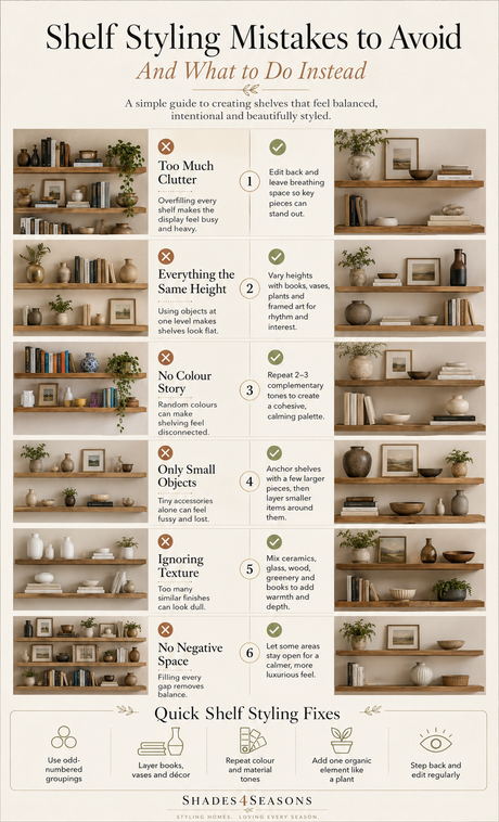 Guide outlining common shelf styling mistakes and how to create a balanced look with tips