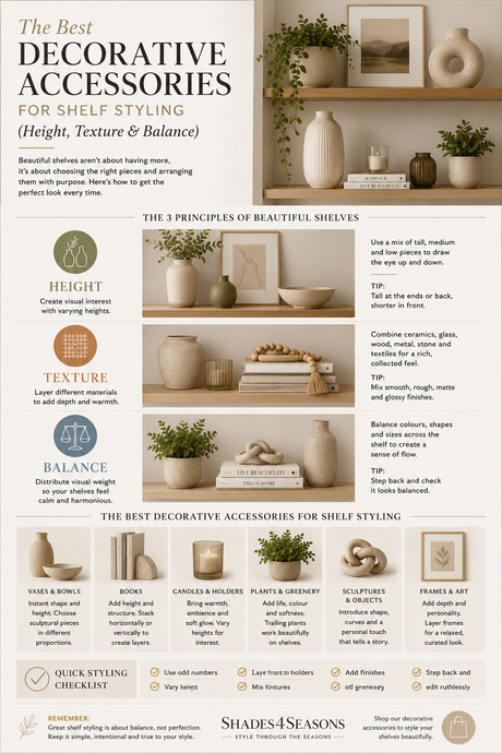 Infographic on the best decorative accessories for shelf styling, highlighting height, texture and balance