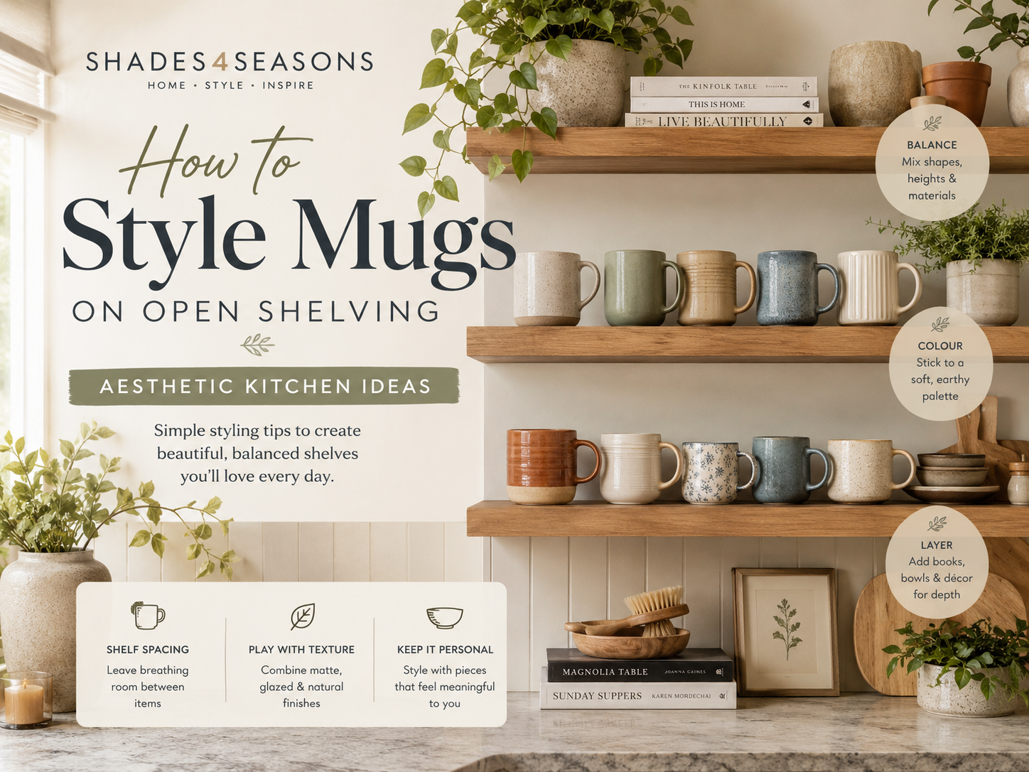 Stylish kitchen displaying Mugs on Open Shelving with tips for balanced and aesthetic arrangement