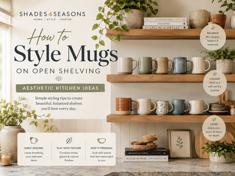 Stylish kitchen displaying Mugs on Open Shelving with tips for balanced and aesthetic arrangement
