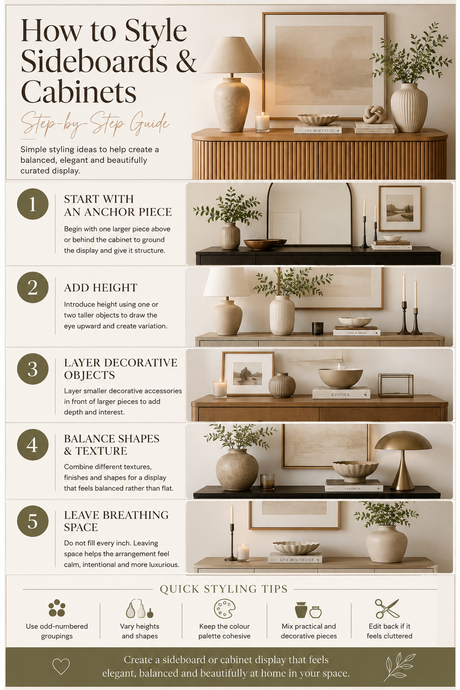 Step-by-step guide on how to style sideboards and cabinets for a balanced decorative display