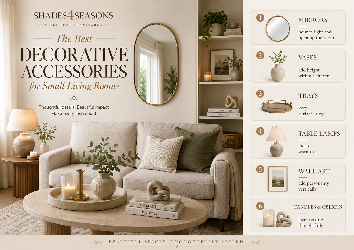 Decorative accessories for small living rooms including mirrors, vases and table lamps to maximise space
