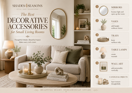 Decorative accessories for small living rooms including mirrors, vases and table lamps to maximise space