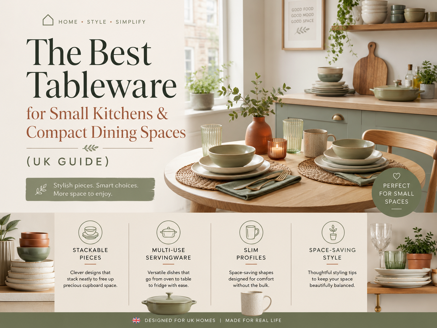 Stylish tableware collection designed for small kitchens and compact dining spaces in UK homes