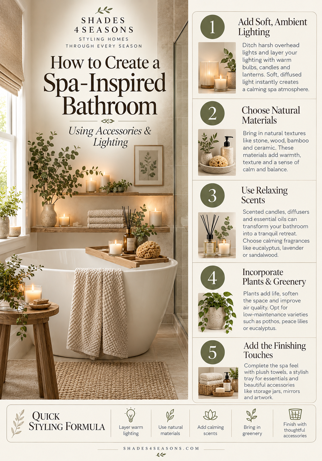 Guide on creating a Spa‑Inspired Bathroom using accessories and lighting with calming effects
