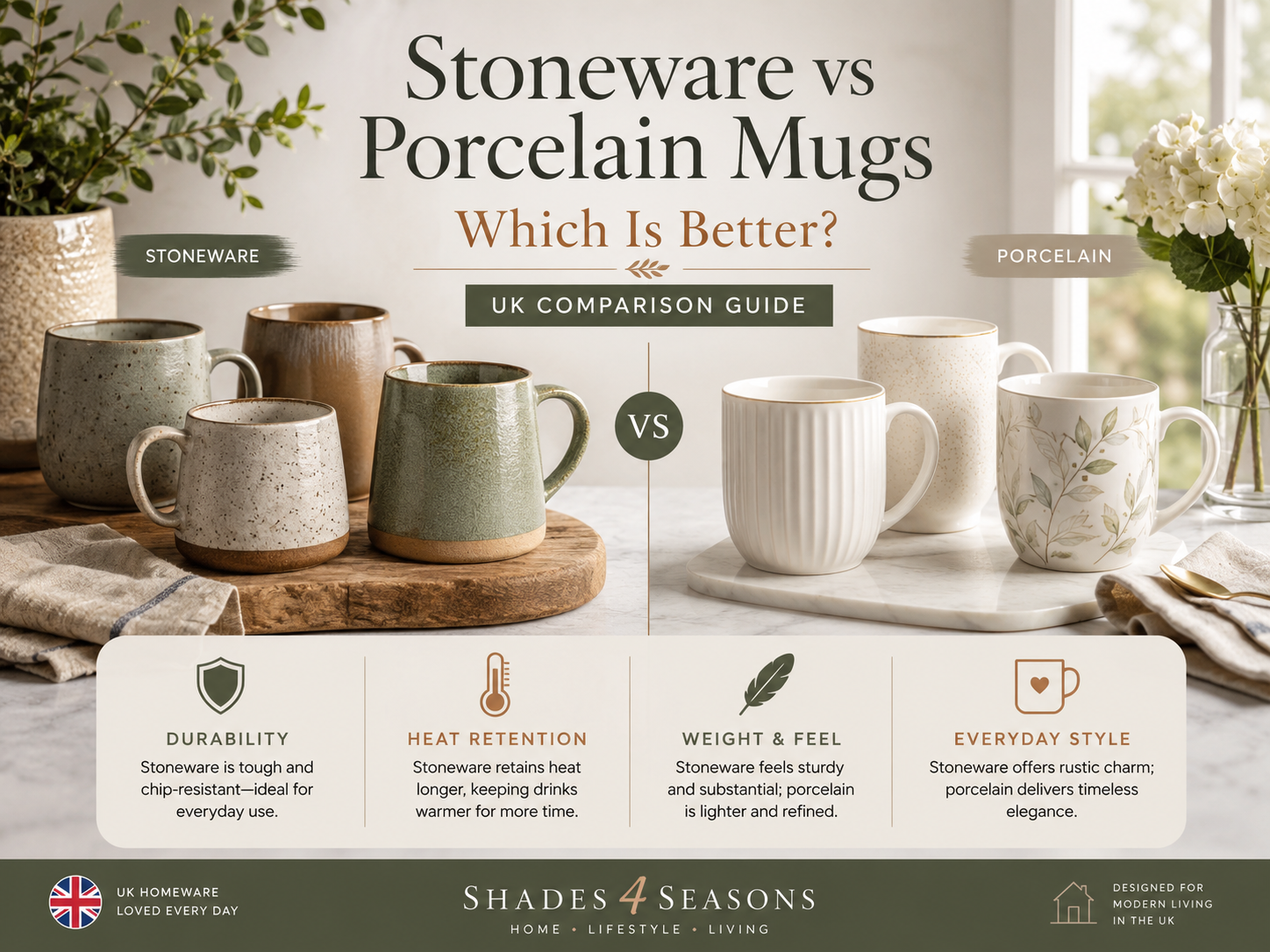 Stoneware vs Porcelain infographic comparing durability, heat retention, weight and style of mugs