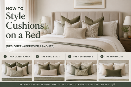 Stylish bedroom featuring various arrangements of cushions on a bed, showcasing designer-approved layouts