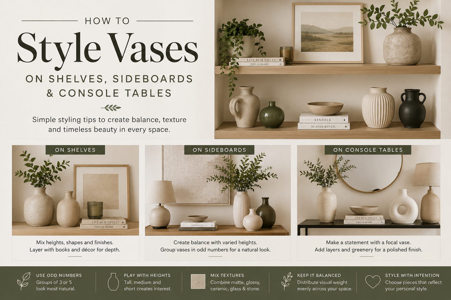 Guide on how to style vases on shelves, sideboards and console tables for balanced decor