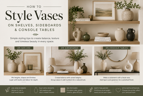 Guide on how to style vases on shelves, sideboards and console tables for balanced decor