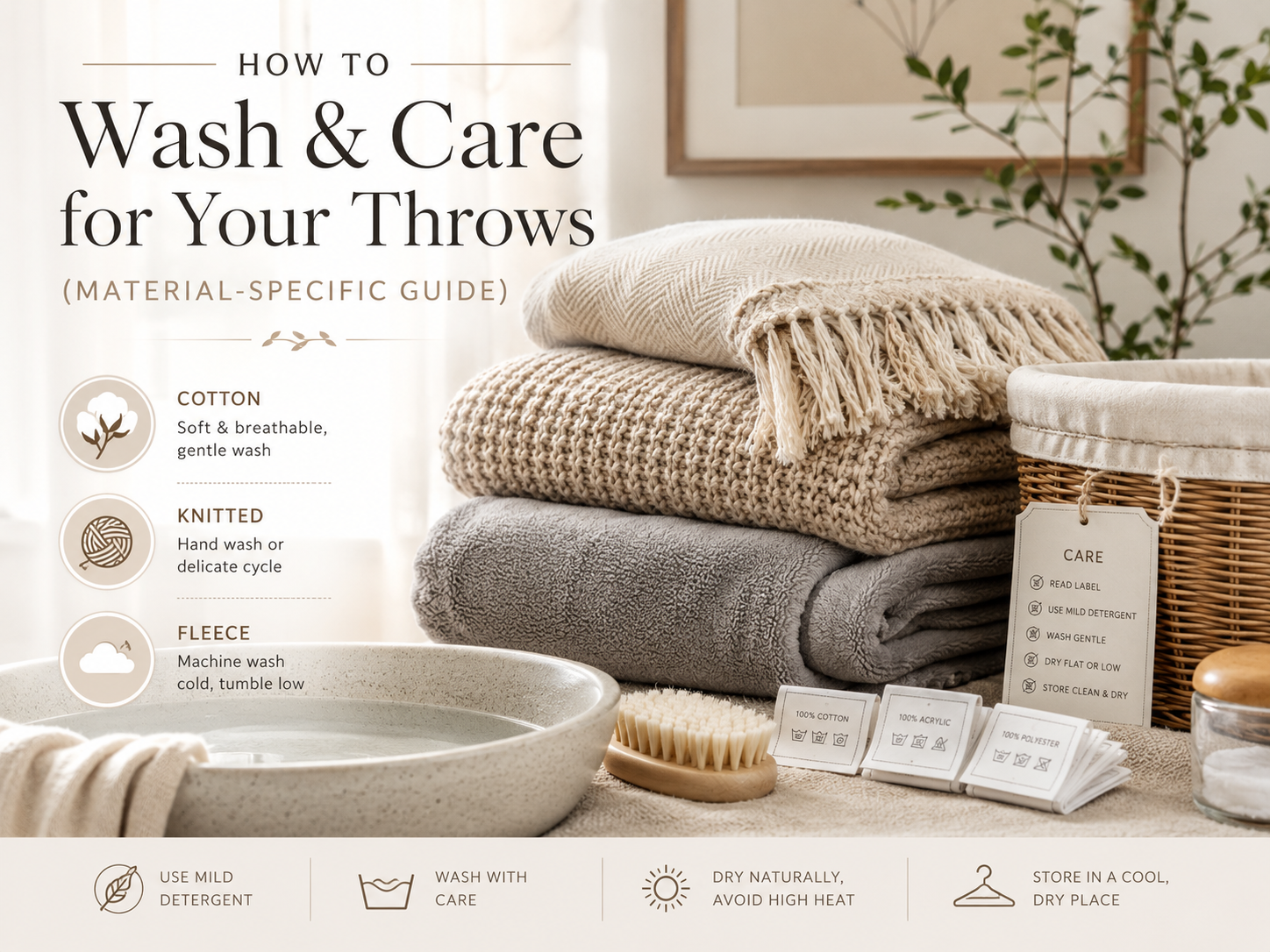 Material-specific guide on how to wash and care for your throws, featuring different fabric types