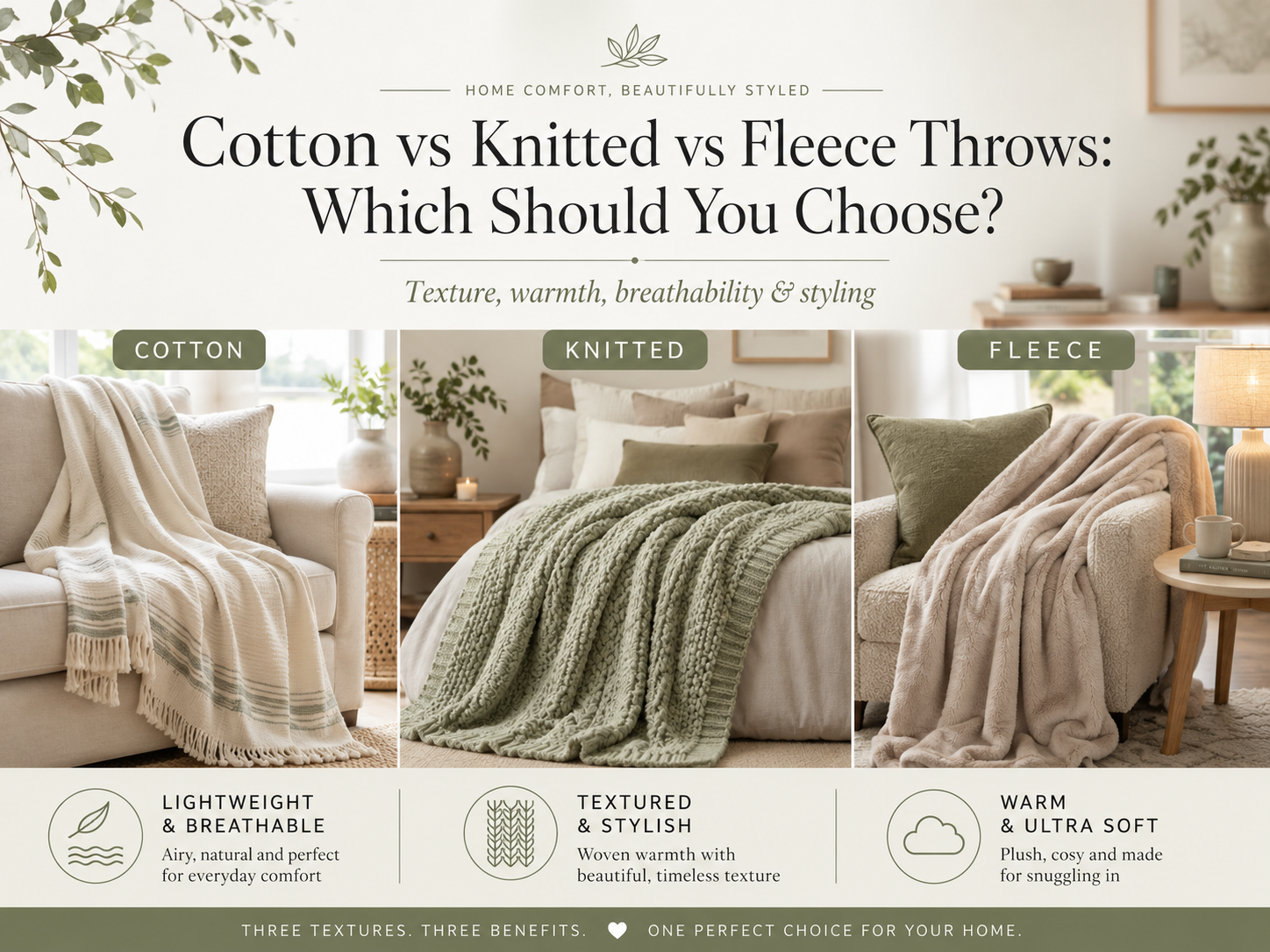 Comparison of Cotton vs Knitted vs Fleece Throws showcasing texture, warmth, and styling benefits