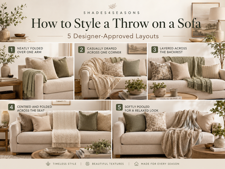 Guide on how to style a throw on a sofa, showcasing five designer-approved layouts for stylish arrangements