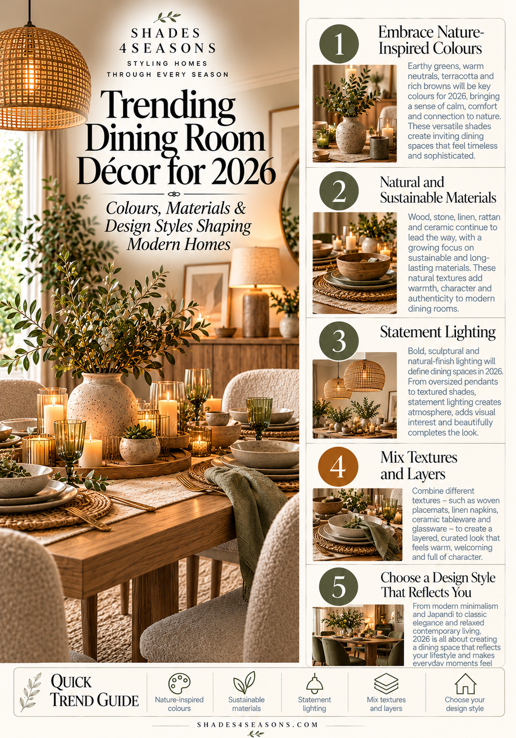 Stylish dining room decor trends for 2026 featuring natural colours and sustainable materials
