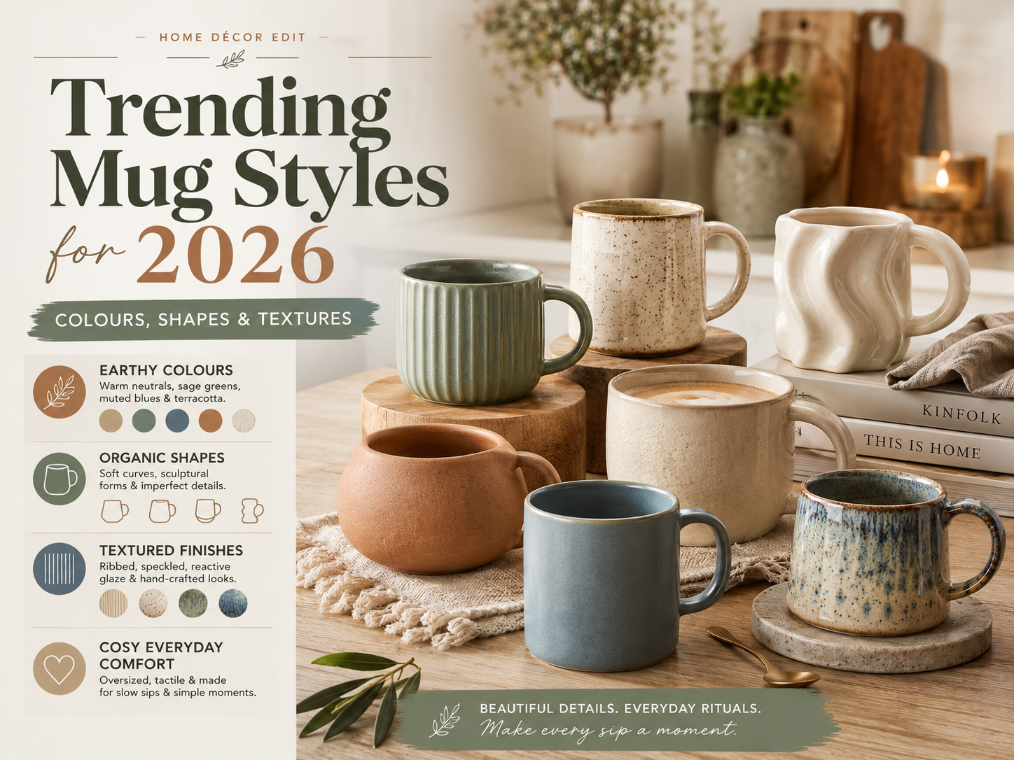 Trending Mug Styles for 2026 showcasing earthy colours, organic shapes and textured finishes