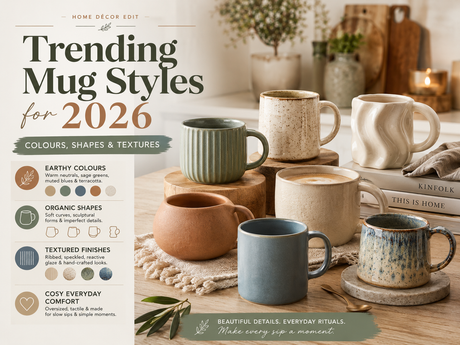 Trending Mug Styles for 2026 showcasing earthy colours, organic shapes and textured finishes