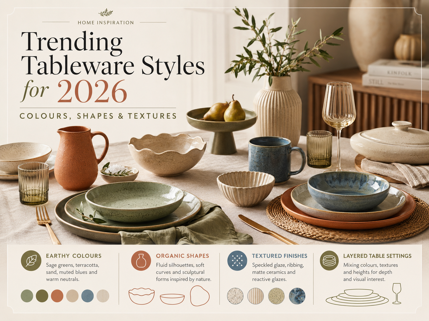 Trending tableware styles for 2026 showcasing earthy colours, organic shapes, and textured finishes