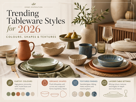 Trending tableware styles for 2026 showcasing earthy colours, organic shapes, and textured finishes