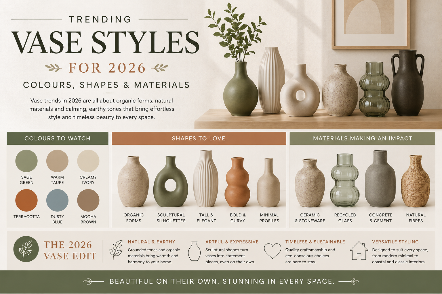 Trending vase styles for 2026 showcasing colours, shapes and materials for modern home decor
