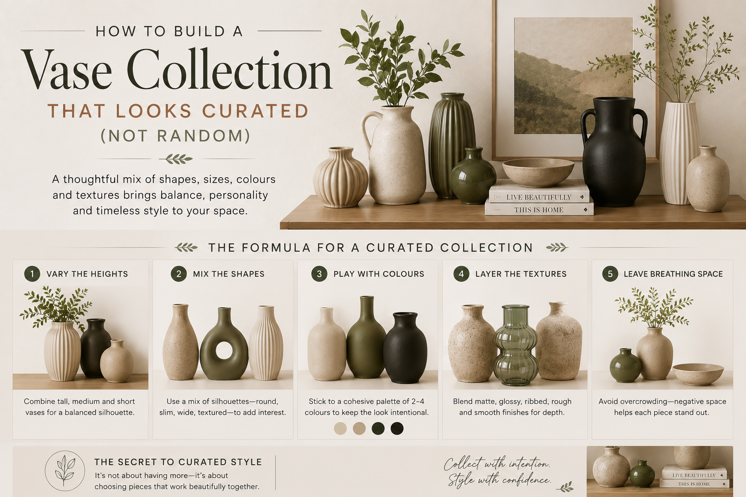 Guide on how to build a Vase Collection with varied heights, colours and textures for a curated look