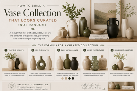 Guide on how to build a Vase Collection with varied heights, colours and textures for a curated look