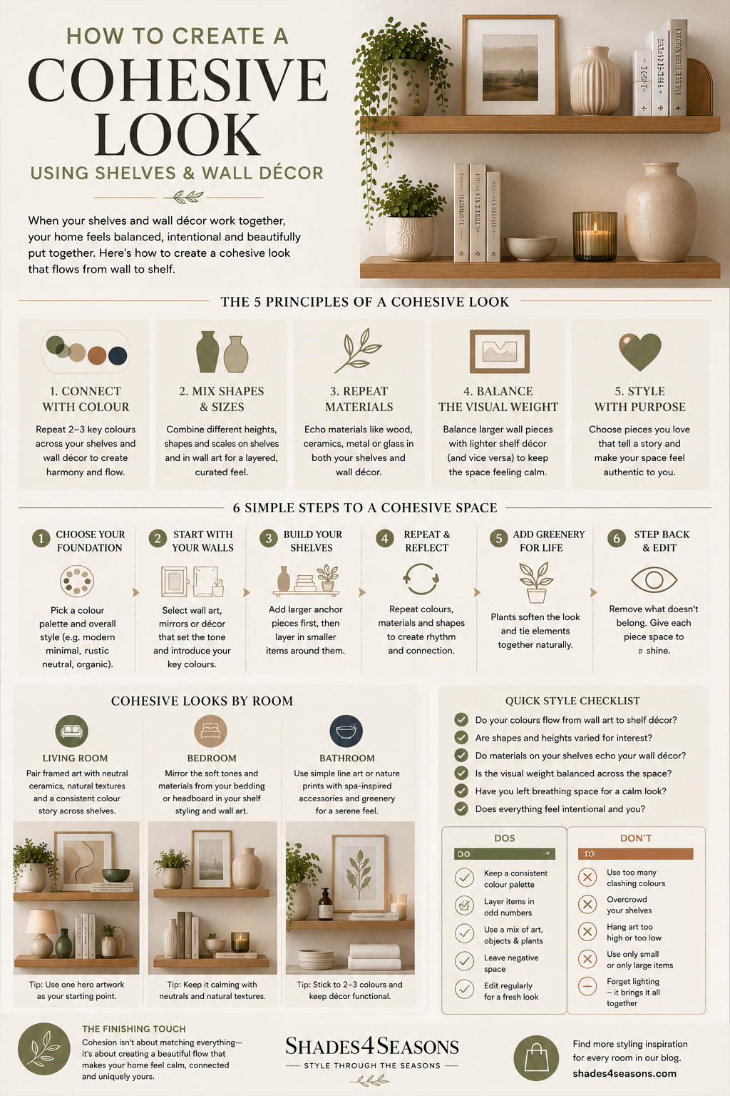 Infographic on how to create a cohesive look with shelves and wall decor featuring design principles and tips