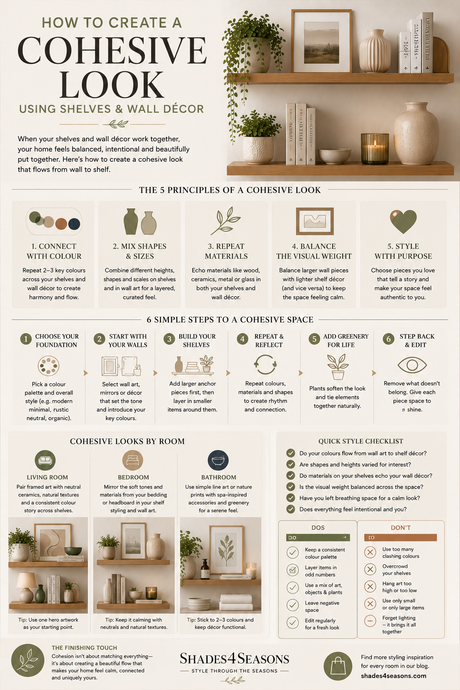 Infographic on how to create a cohesive look with shelves and wall decor featuring design principles and tips