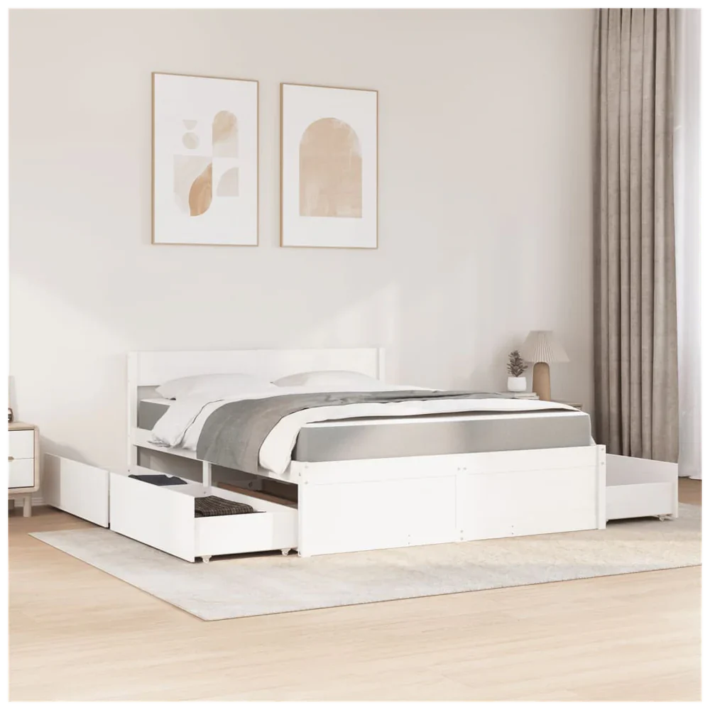 Modern bedroom furniture with white bed frame featuring storage drawers and neutral decor in a cozy room