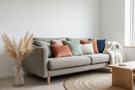 Stylish sofa with various cushion colours enhancing a modern living room aesthetic