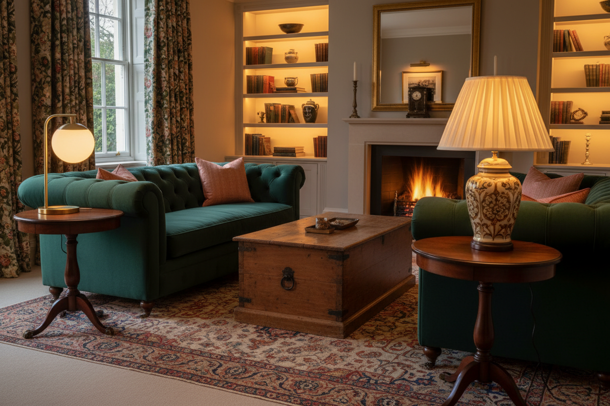 Elegant living room featuring stylish table lamps, a cosy sofa, and a warm fireplace setting