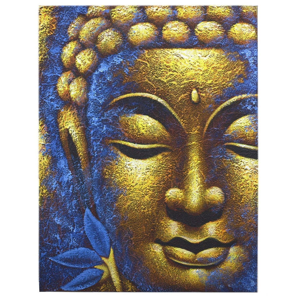 Elegant wall art collection featuring a golden Buddha statue with blue accents for a serene atmosphere